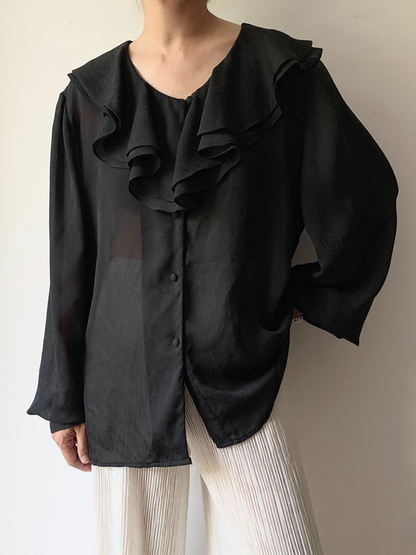 80's black sheer ruffle blouse.