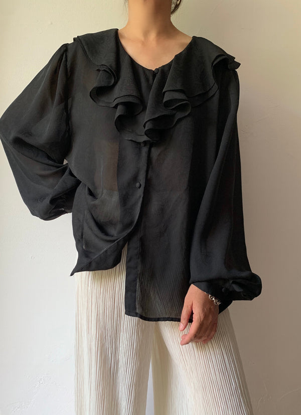 80's black sheer ruffle blouse.