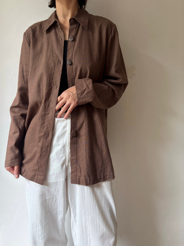 Brown linen leaf button shirt.