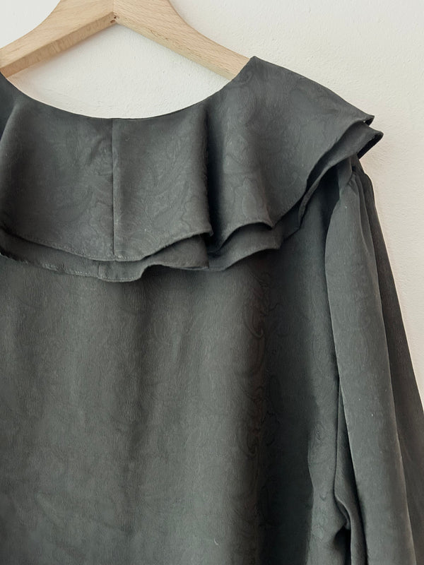 80's black sheer ruffle blouse.