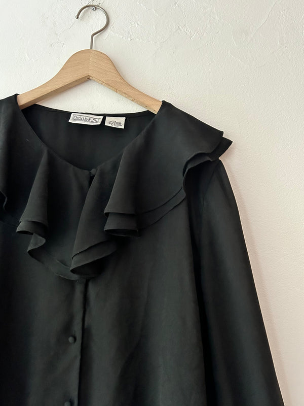 80's black sheer ruffle blouse.