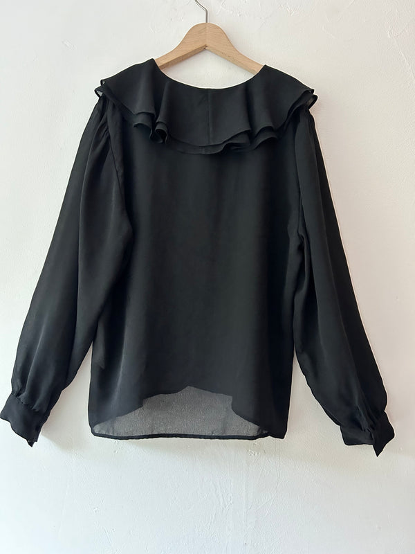 80's black sheer ruffle blouse.