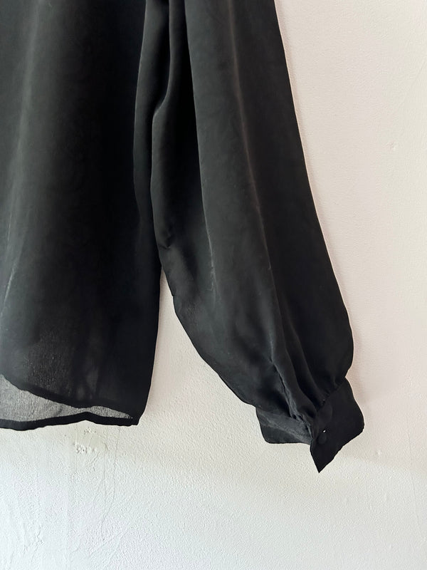 80's black sheer ruffle blouse.