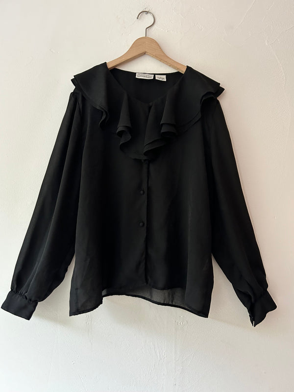 80's black sheer ruffle blouse.