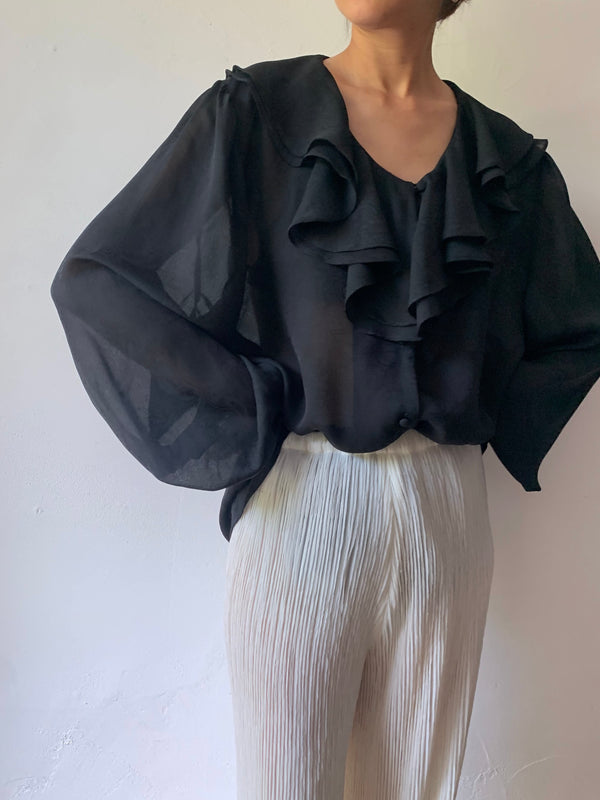 80's black sheer ruffle blouse.