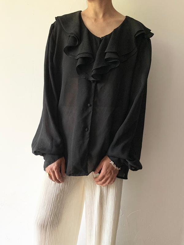 80's black sheer ruffle blouse.