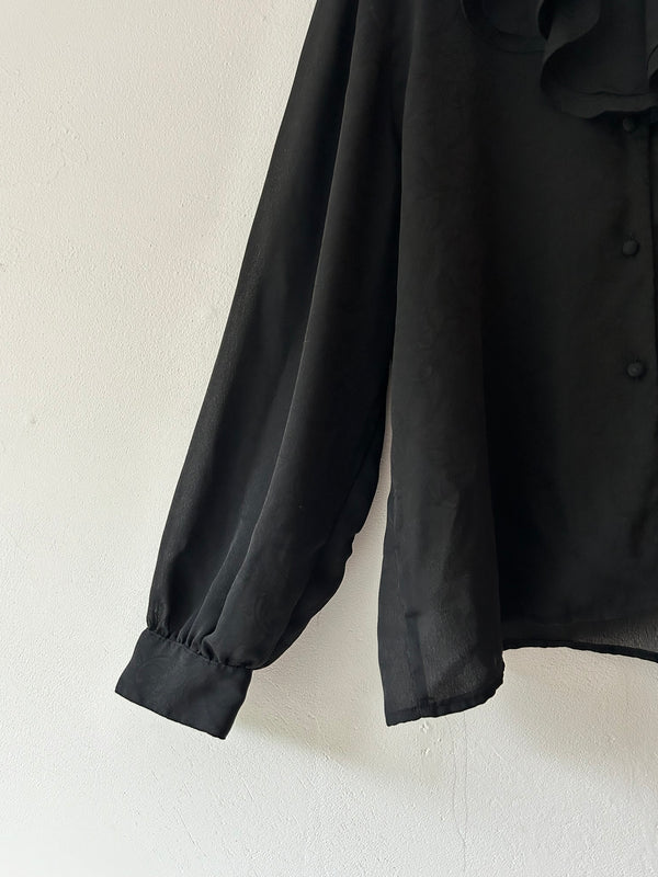 80's black sheer ruffle blouse.